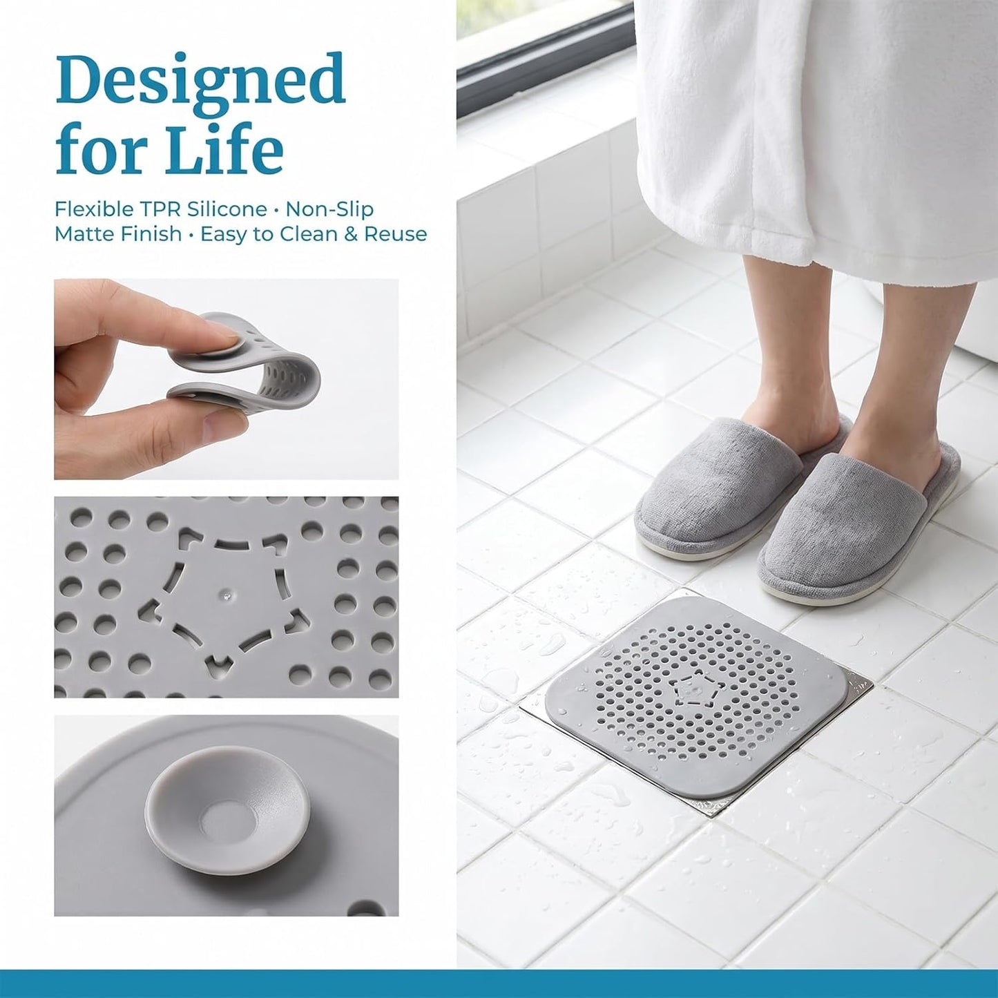 Silicone Drain Protector with Suction Cup, Shower Drain Cover Hair Catcher, Sink Strainer Hair Stopper Filter for Bathroom, Bathtub &amp; Kitchen Sink (2, WhiteGrey)