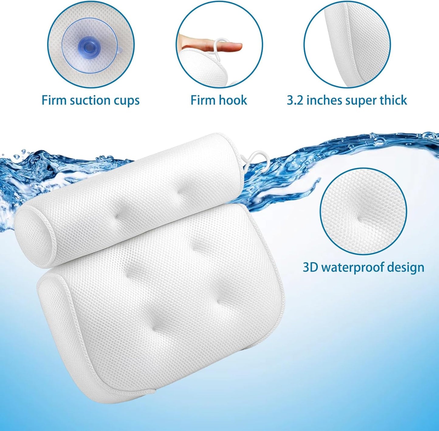 Bath Pillows for Head and Neck, Waterproof Bath Cushion with 6 Suction Cups, Soft Bathtub Pillow for Relaxing Bath, Fits Most Bathtubs (White, 35x33x5cm)