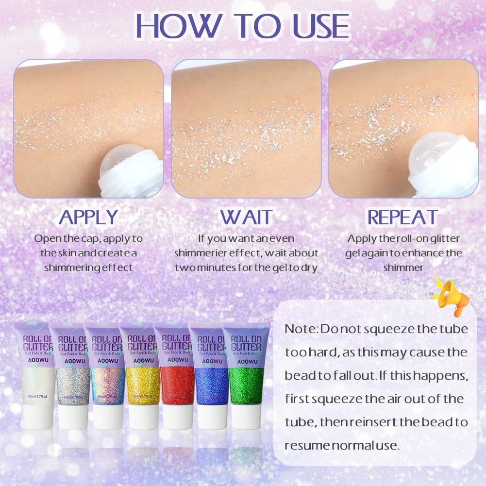AOOWU Roll-on Body Glitter Gel,50ml Holographic Mermaid Sequins Small Glitter Face Body Gel,Sparkling Festival Party Lotion Glitter for Face Body Eye Hair Nail DIY Art,Vegan,Cruelty-Free,Red