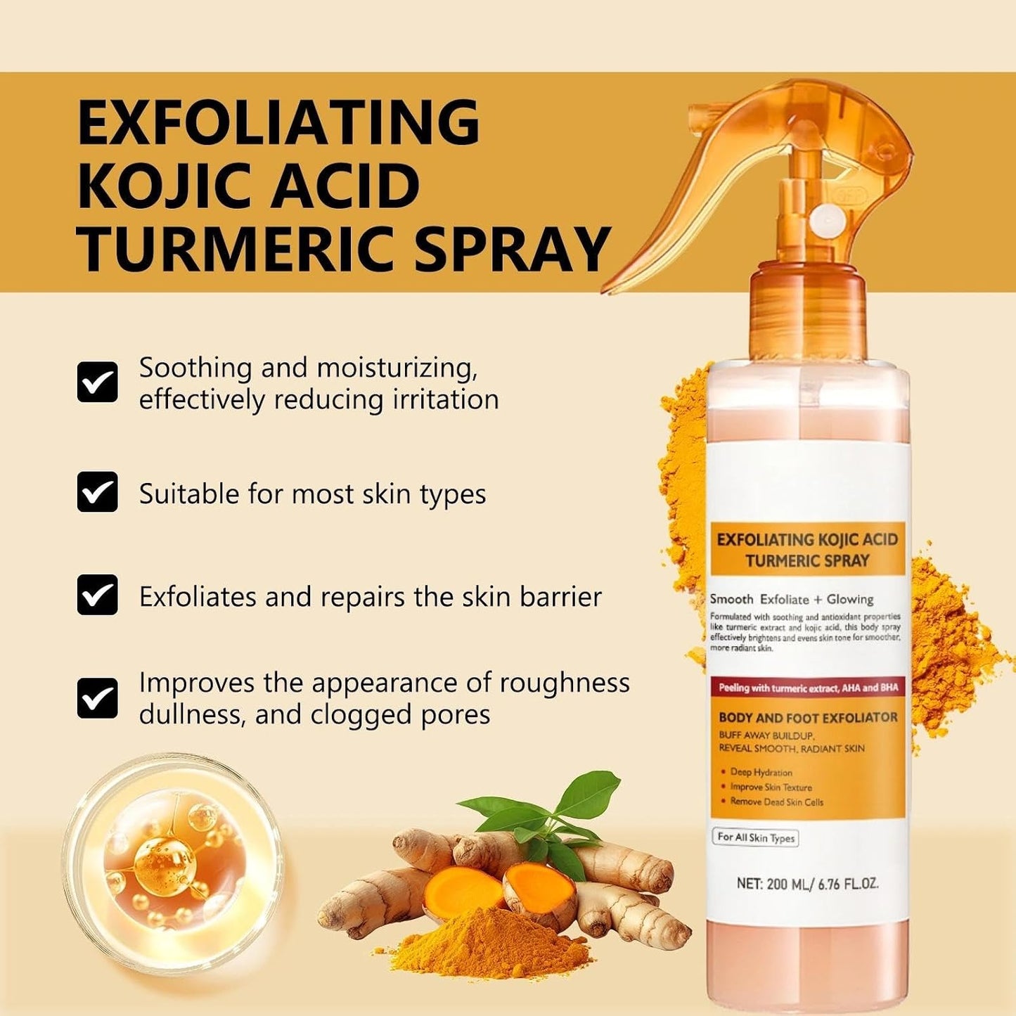 200ml Exfoliating Kojic Acid Turmeric Spray, Body Peel Shot SprayS, Face Peeling Kojic Acid Turmeric Spray, Turmerics Peel Shot Sprays, Gently Exfoliating Face &amp; Body Scrub for Smoother Skin