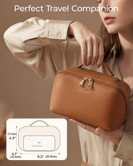 BAGSMART Travel Makeup Bag, Flat Lay Make Up Case, PU Leather Waterpoof Cosmetic Organiser with Clear Pocket for Brushes, Small Toiletry Bag with Handle, Essential for Women, Camel