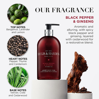 Baylis &amp; Harding Black Pepper and Ginseng Hand Wash, 500 ml (Pack of 3) - Vegan Friendly