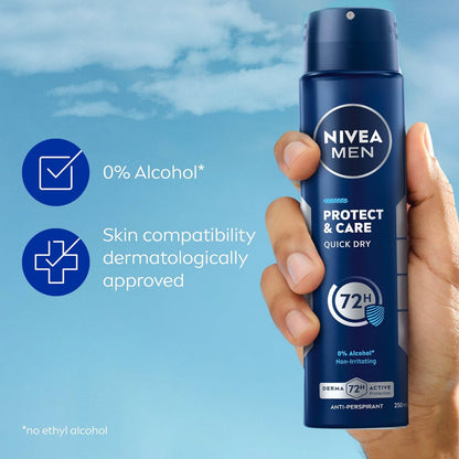 NIVEA Men Protect &amp; Care Spray (6 x 250ml), Anti-Perspirant for 72H Protection, Gentle and Effective Deodorant Free From Alcohol