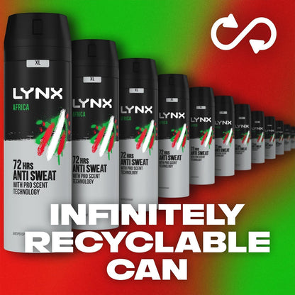 Lynx Africa 72 hour protection against odour and wetness Anti-perspirant Deodorant Spray no fuss aerosol for all-day freshness 200 ml pack of 3 - Packaging May Vary