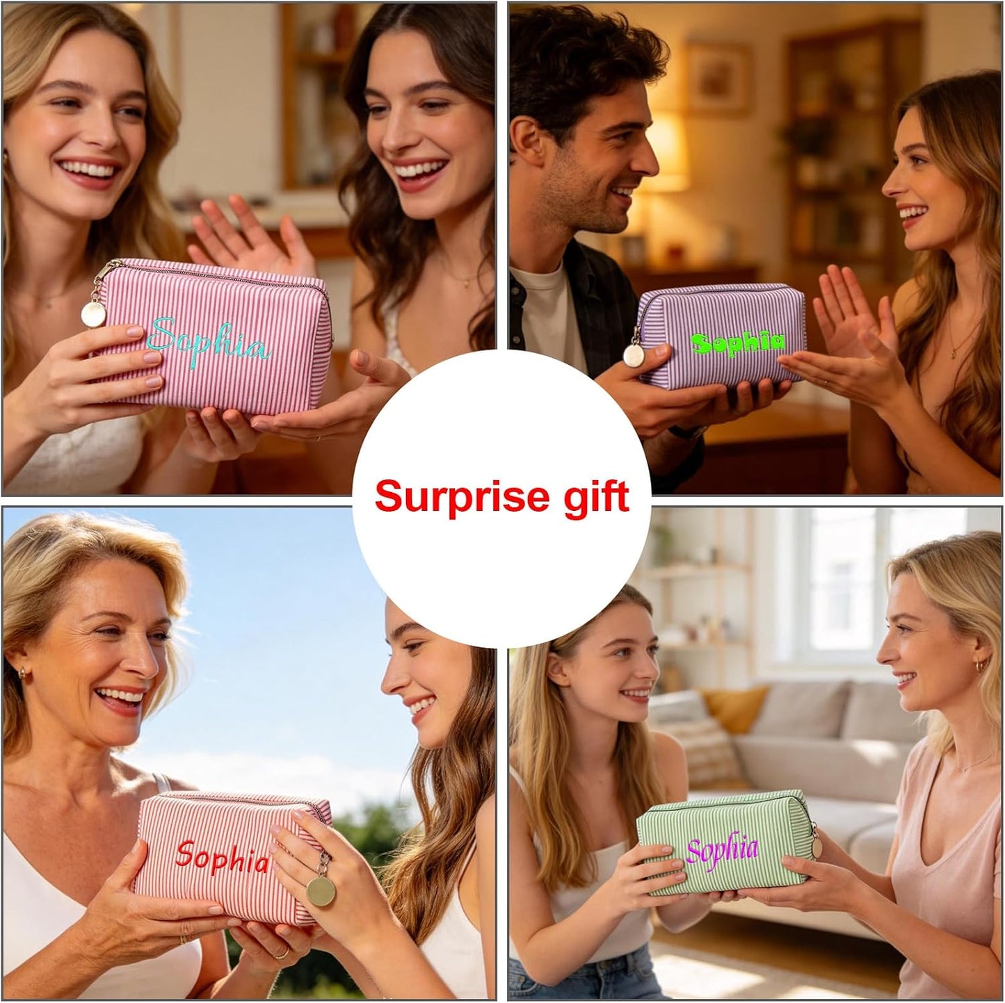 Personalised Stripe Makeup Bag, Custom Embroidered Name Cosmetic Bag, Portable Travel Toiletry Bag, Monogrammed Wash Bag, Gift for Women Bridesmaid Birthday Mother's Day (Pink)