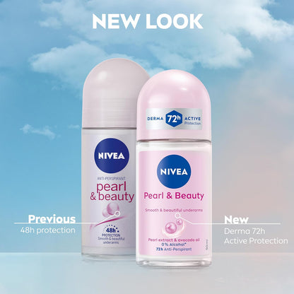 NIVEA Pearl &amp; Beauty Anti-Perspirant Deodorant Roll On (6 x 50ml), Roll On Deodorant for Women with 72H Sweat and Odour Protection, Women's Anti-Perspirant with Pearl Extracts (Pack of 6)