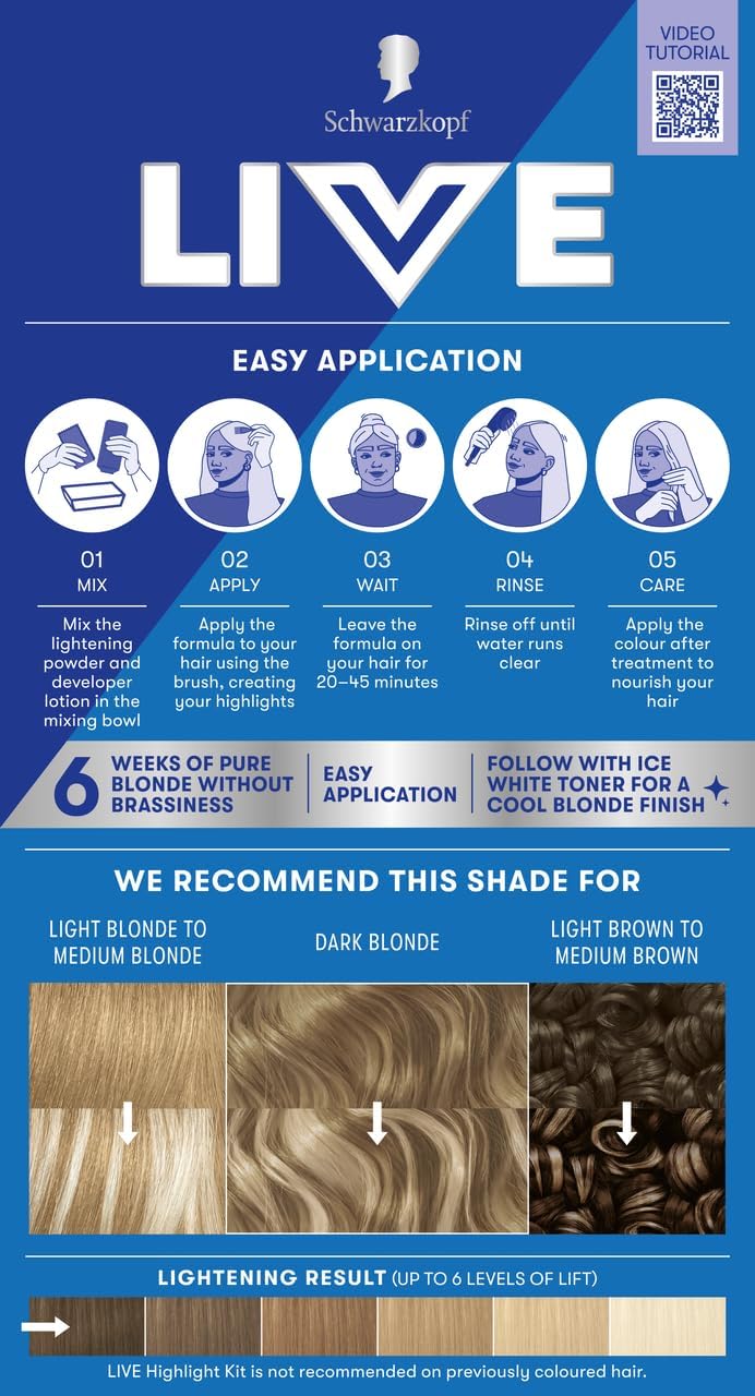 Schwarzkopf LIVE Intense Bleach 00H Hair Lightener Highlight Kit, Highlights made simple, Lightens up to 6 Levels, Anti-Damage System