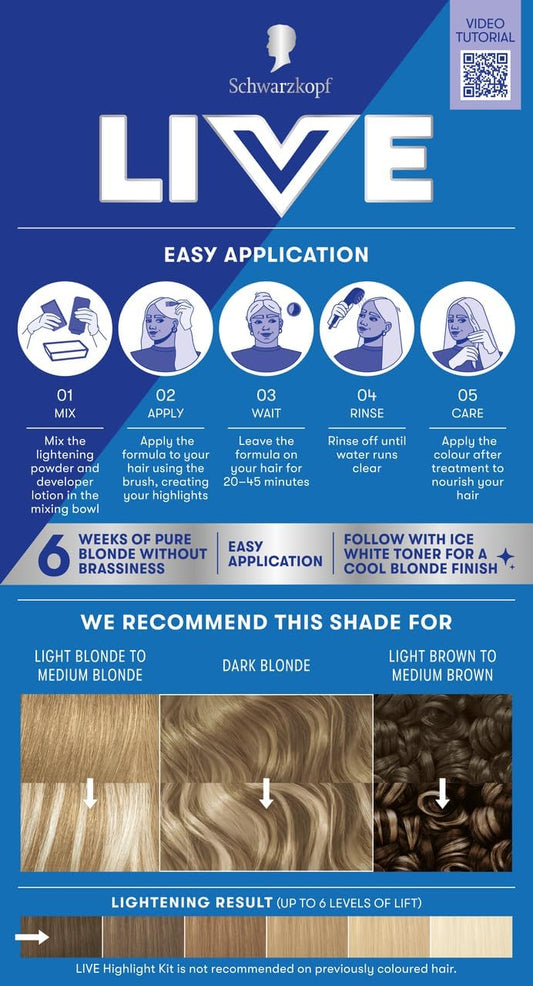 Schwarzkopf LIVE Intense Bleach 00H Hair Lightener Highlight Kit, Highlights made simple, Lightens up to 6 Levels, Anti-Damage System