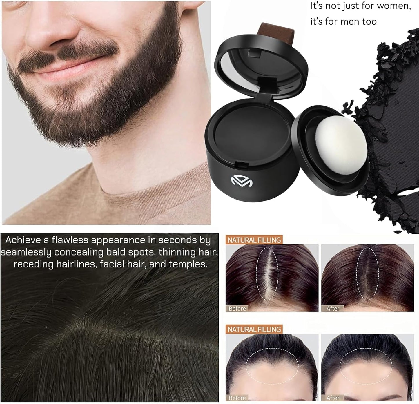 Hairline Powder, Hair Root Touch Up Concealer, Natural Black Hair Root Touch Up Concealer, Bald Spot Concealing Hairs Powder for Women and Men, Includes Mirror &amp; Puff, Windproof &amp; Sweatproof