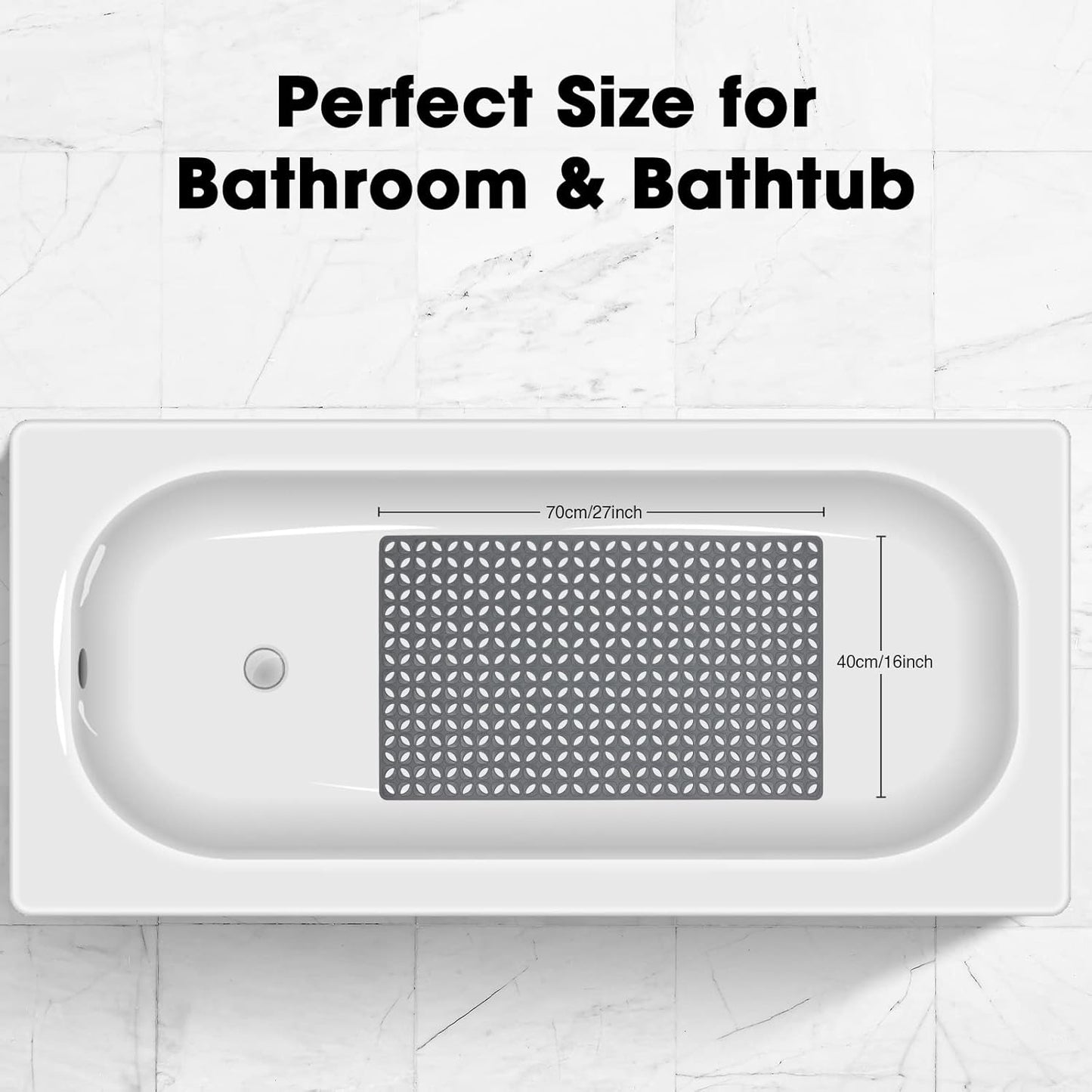 WELTRXE Bathtub Mat, Anti Slip Bathroom Mat, Flexible Rubber Shower Mat, Odorless for Home Hotel, Strong Suction Cups and Drain Hole, Machine Washable, Safe for Elder Kids, 70 x 40cm, Clover, Grey