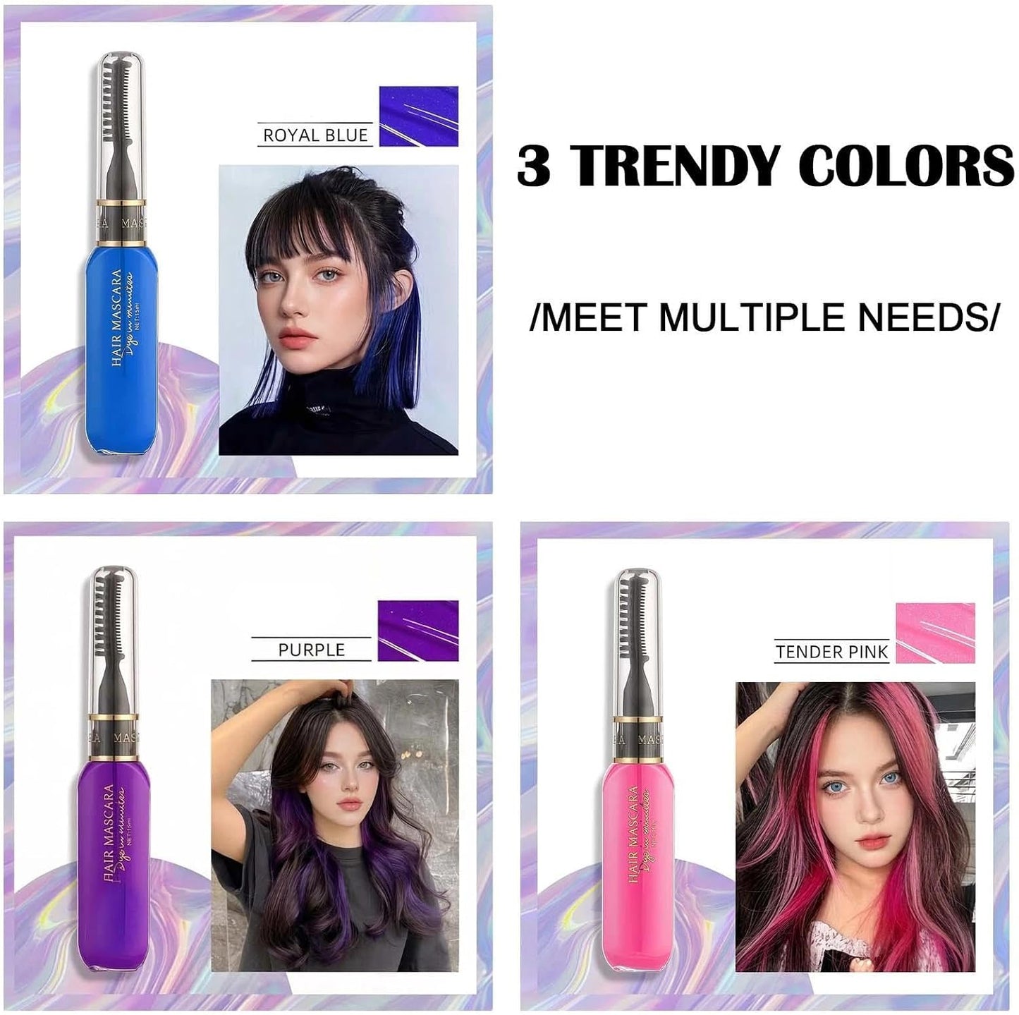 3PCS Hair Colour Spray Hairs Chalk Set, Hair Mascara, Temporary Hair/Color Spray, Mascara &amp; Hairspray Bundle - Washable Dye In Blue, Purple, Pink - Fun, For Parties &amp; Play
