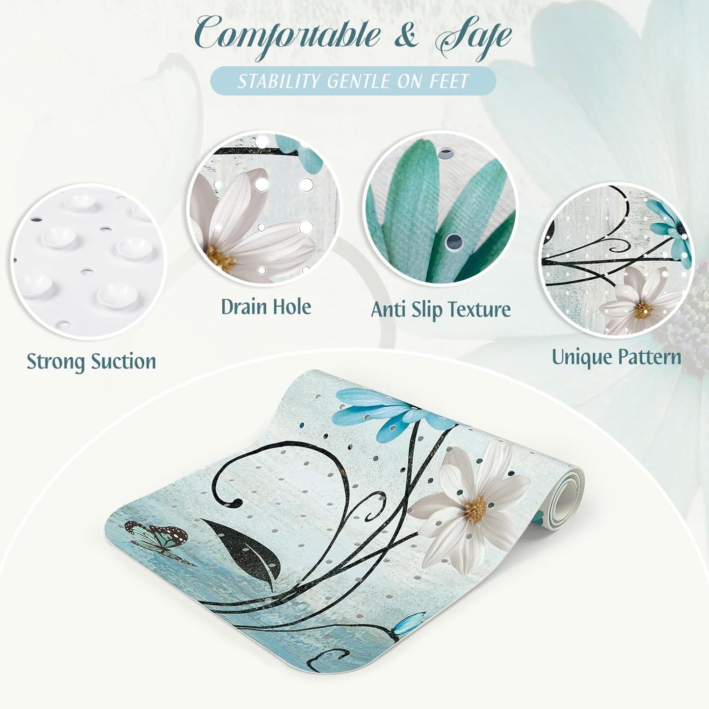 SHUCHING Turquoise Daisy Flower Bath Mat Non Slip Anti Mould, 100 X 40 cm Extra Long Bathtub Mat Anti Slip, Shower Mat Non Slip Anti Mould for Bathroom Machine Washable