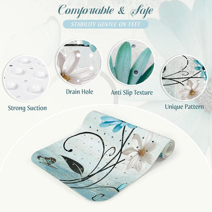 SHUCHING Turquoise Daisy Flower Bath Mat Non Slip Anti Mould, 100 X 40 cm Extra Long Bathtub Mat Anti Slip, Shower Mat Non Slip Anti Mould for Bathroom Machine Washable