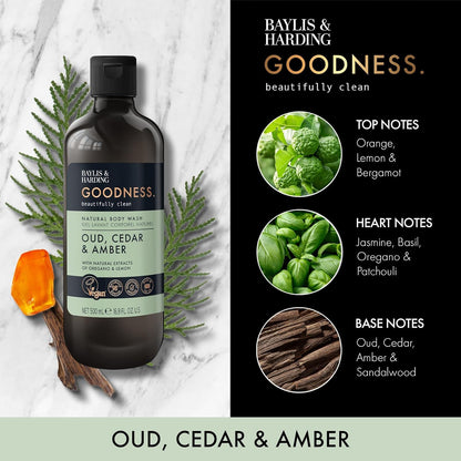 Baylis &amp; Harding Goodness Oud, Cedar and Amber Body Wash, 500 ml (Pack of 3) - Vegan Friendly
