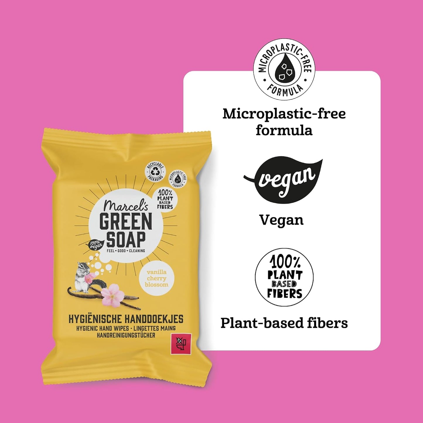 Marcel's Green Soap - Hygienic Hand Wipes Vanilla &amp; Cherry Blossom - Microplastic-free formula - Vegan - 15 wipes