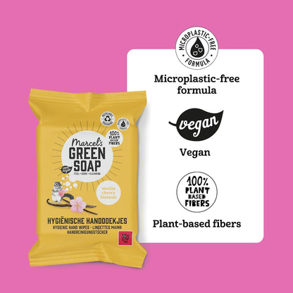 Marcel's Green Soap - Hygienic Hand Wipes Vanilla &amp; Cherry Blossom - Microplastic-free formula - Vegan - 15 wipes