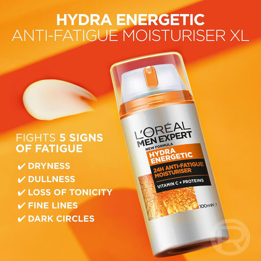 L'Oréal Men Expert Hydra Energetic XXL Moisturiser, 24H Anti-Fatigue Hydration, Energises Men's Skin, Fighting Signs of Fatigue with Vit C &amp; Protein, Fast-absorbing even on beards, 100ml