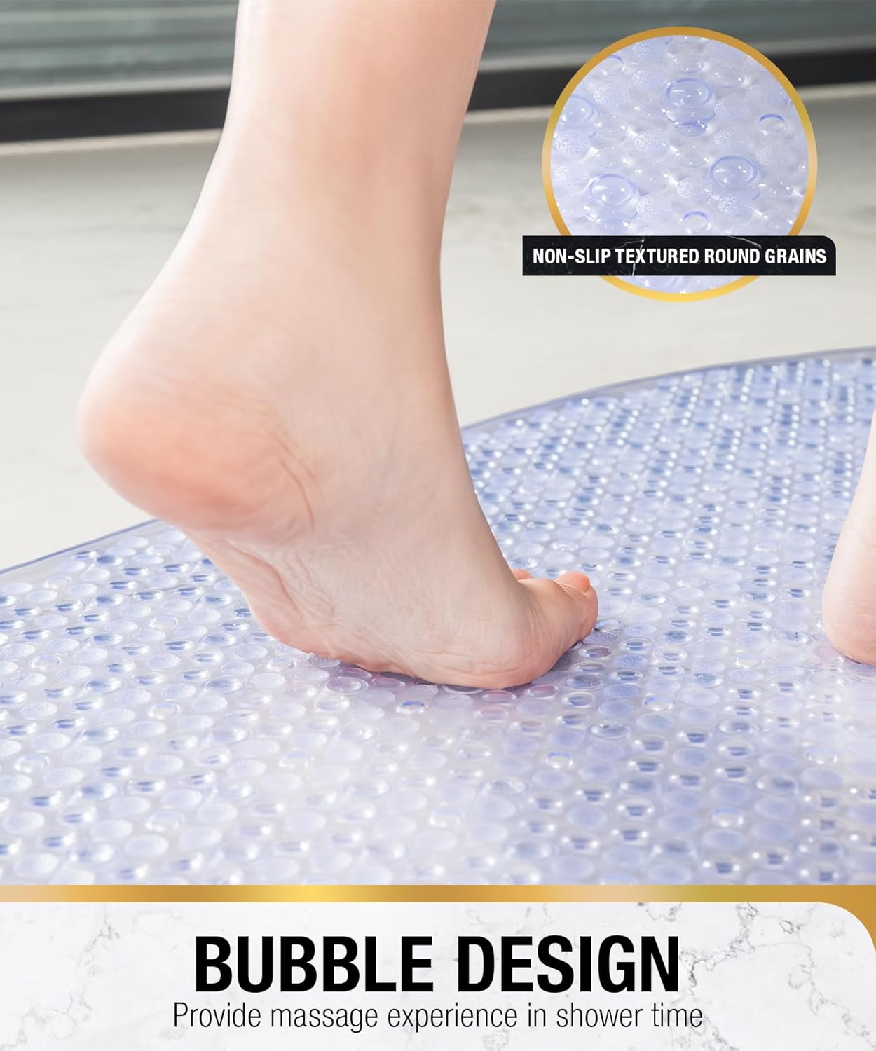 HITSLAM Oval Bath Mat Non Slip Anti Mould, 68 x 38 CM Anti Slip Shower Mat for Bathroom , Machine Washable Bubble Bathtub mat with Suction Cups and Drain Holes, Soft on Feet, Clear