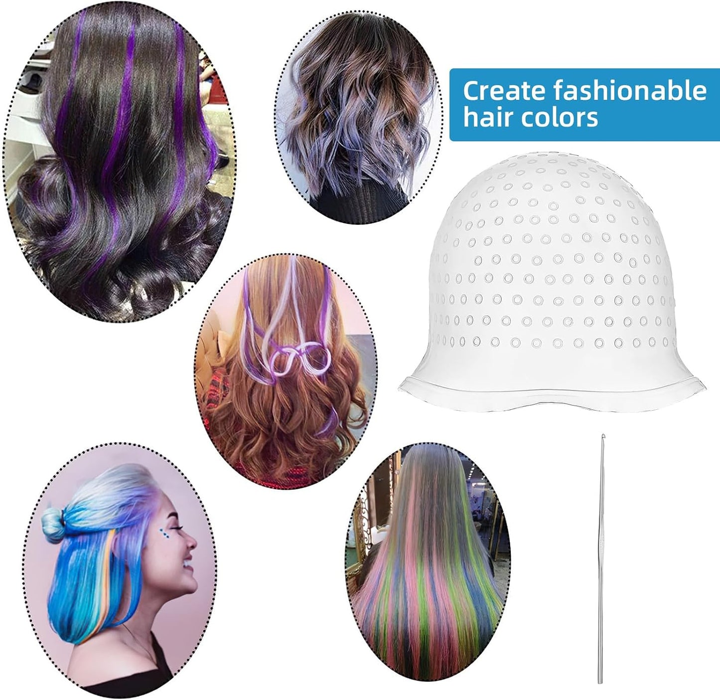 Pre-punched with Holes Silicone Highlight Caps Hair Color Set with Coloring Hair Hook, Reusable Hair Tools for Salon &amp; Home Use, DIY Hair Dyeing Tools for Women &amp; Men (2)