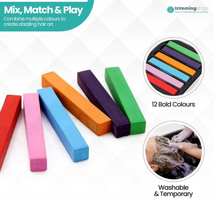 Trimming Shop 12pcs Washable Hair Chalk Sticks - Set of 12 Bright Colours Temporary Hair Colour, Non-Sticky &amp; Easy to Apply for Festival, Halloween, Birthday Party, Fancy Dress