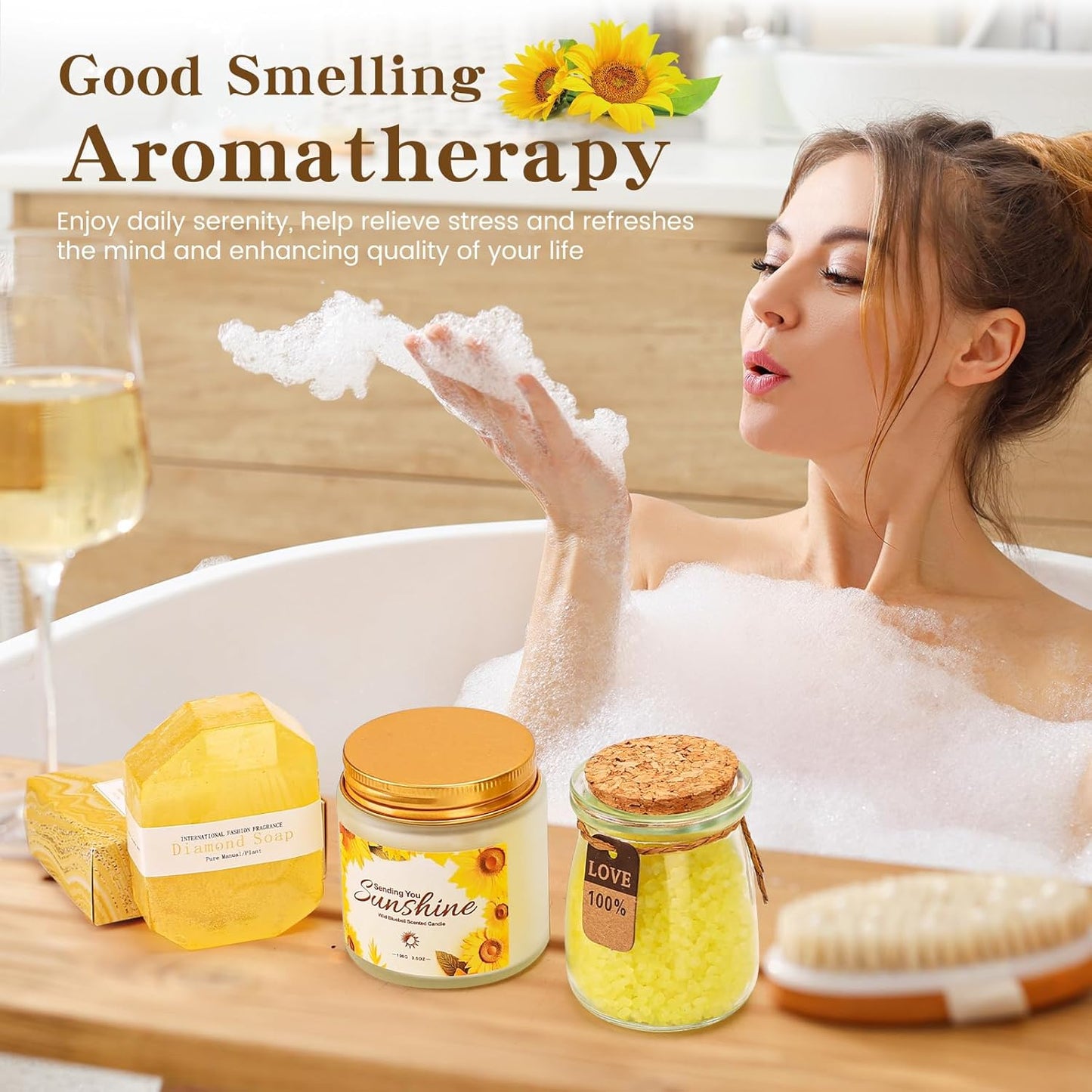 Birthday Hampers Pamper Gifts for Women Sisters - 7 Pcs Sunshine Self Care Gift Basket Set - Friendship Care Package - Cheer Up Thinking of You Gift Box for Her - Get Well Soon Thank You Present