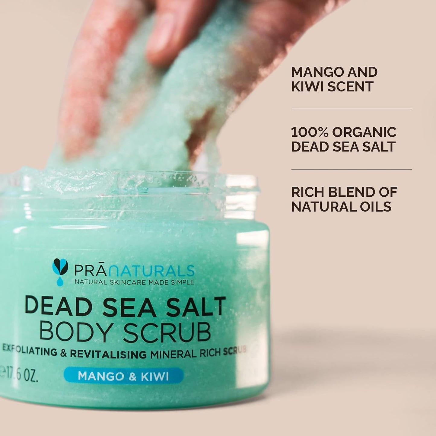 PraNaturals Dead Sea Salt Body Scrub 500G – Hydrating &amp; Moisturising, Natural Oils &amp; Minerals, Exfoliating, Softening &amp; Nourishing, All Skin Types, No Parabens, Vegan &amp; Cruelty Free (Mango &amp; Kiwi)