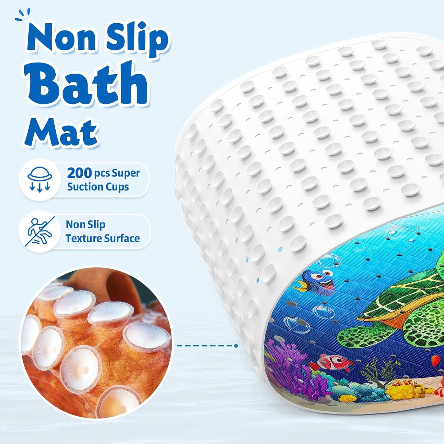 XIYUNTE Baby Bath Mats Non Slip Anti Mould, Cartoon Kids Bath Mat Non Slip, 100x40cm Extra Large Baby Shower Mat Non Slip Bath Mat with Suction Cups &amp; Drain Holes, Machine Washable, Sea Turtle