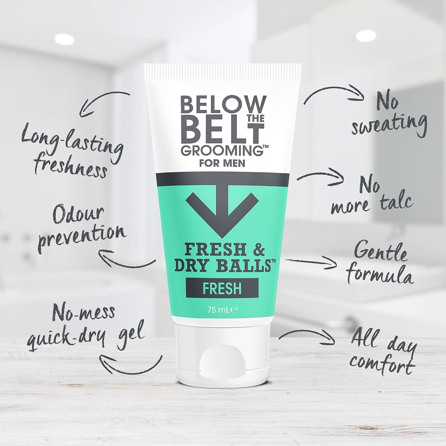 Below The Belt Fresh &amp; Dry Balls Anti Chafe Deodorant Gel Fresh Scent 75ml | Anti-Chafing and Deodorant Gel for Men. Long Lasting Odour Control. Quick Dry Intimate Protection with a fresh scent.