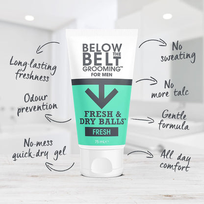 Below The Belt Fresh &amp; Dry Balls Anti Chafe Deodorant Gel Fresh Scent 75ml | Anti-Chafing and Deodorant Gel for Men. Long Lasting Odour Control. Quick Dry Intimate Protection with a fresh scent.