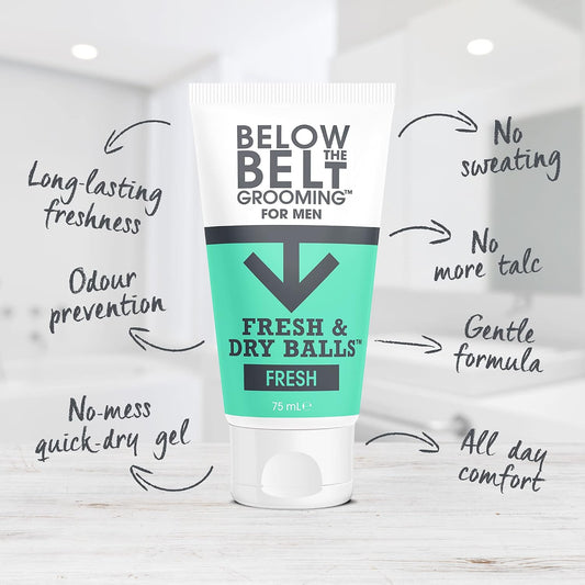 Below The Belt Fresh &amp; Dry Balls Anti Chafe Deodorant Gel Fresh Scent 75ml | Anti-Chafing and Deodorant Gel for Men. Long Lasting Odour Control. Quick Dry Intimate Protection with a fresh scent.