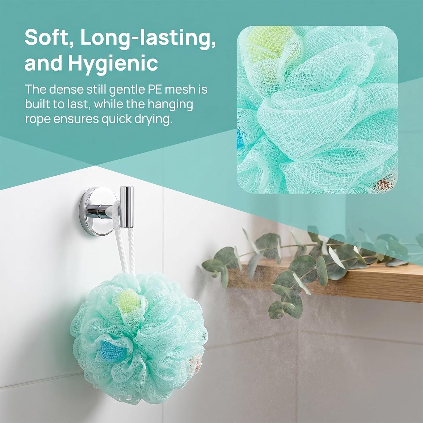 2 Pcs Colorful Bath Loofah Sponges, Soft Mesh Body Scrubber for Gentle Exfoliation, Durable Shower Accessories for Women, Men, and Kids (Green and White)