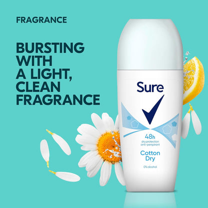 Sure Cotton Dry Women's Deodorant with a clean fragrance inspired by fresh cotton sheets Anti-Perspirant Roll On and 48 hour sweat and odour protection 50 ml, Pack of 6