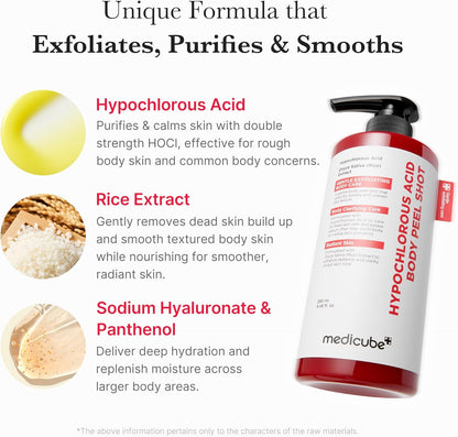 medicube Body Peel Shot with Hypochlorous Acid | Gentle Body Exfoliating Serum for Dead Skin Cells, Rough Patches &amp; Uneven Texture | Rice Extract, Panthenol for Hydrating &amp; Smoothing Care | 9.46 fl.oz