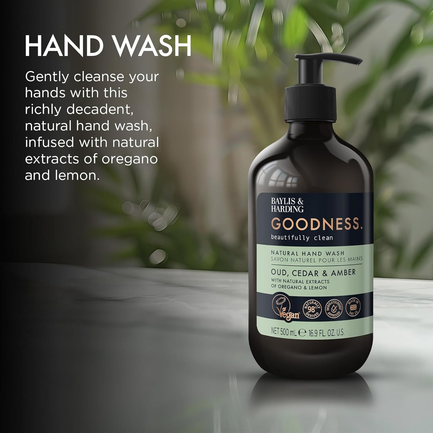 Baylis &amp; Harding Goodness Oud, Cedar &amp; Amber Natural Hand Wash, 500 ml (Pack of 3) - Vegan Friendly