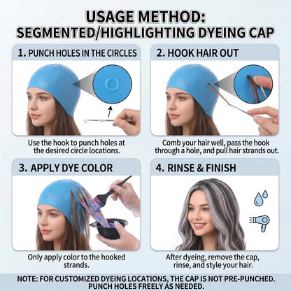 Blue Silicone Highlighting Cap Anti-Bleeding Snug Fit Hair Dyeing Kit with Hook Tool Reusable Pre-Pierced Holes Hair Colouring Hat for Accurate DIY Home Salon Results Professional Grade