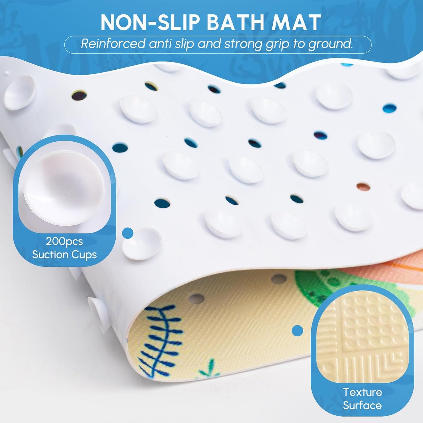 WELTRXE Baby Bath Mat Non Slip Anti Mould, 100x40cm Extra Long Bathtub Mat for Kids, Large Shower Mat for inside bath, Soft Tub Mat with Strong Suction Cups, Cartoon Bathroom Mat, Whale