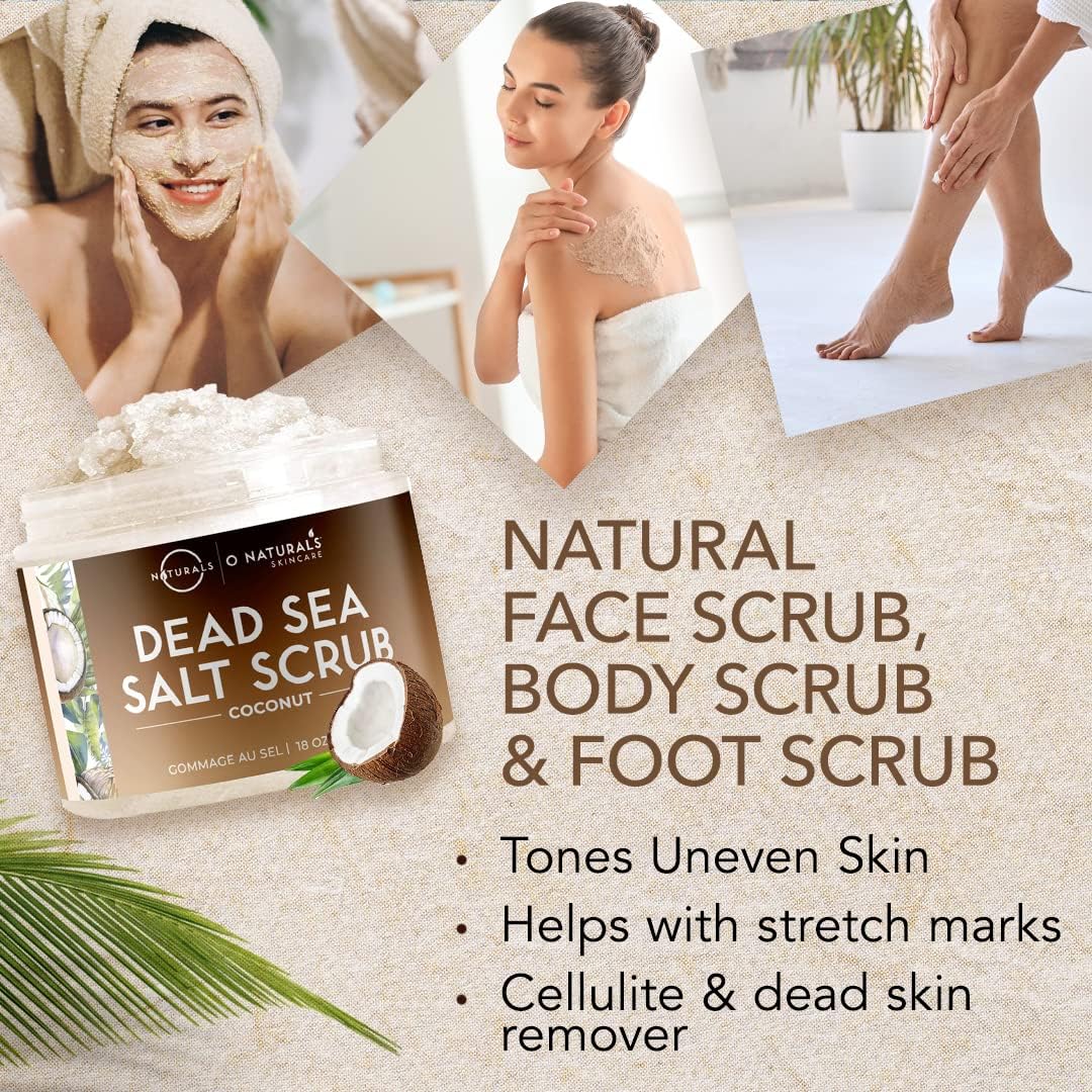 O Naturals Coconut Exfoliating Body Scrub with Dead Sea Salt &amp; Almond Oil - Natural Salt Scrub for Smooth Skin - Hydrating Body Exfoliator