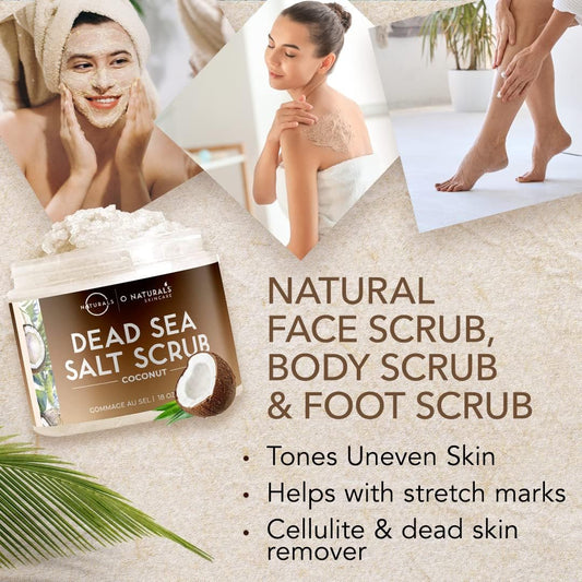 O Naturals Coconut Exfoliating Body Scrub with Dead Sea Salt &amp; Almond Oil - Natural Salt Scrub for Smooth Skin - Hydrating Body Exfoliator