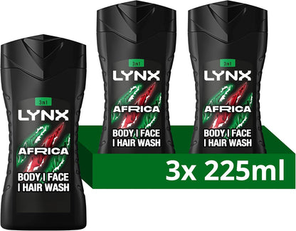 Lynx Men Africa 3-in-1 Hair, Face and Body Wash Shower Gel with mandarin &amp; sandalwood for an all day fresh &amp; clean feel 225 ml, Pack of 3
