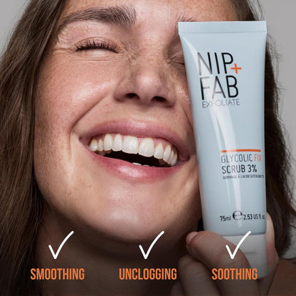 NIP + FAB Glycolic Fix Scrub – 3% Glycolic Acid (AHA) and 1% Salicylic Acid (BHA) Exfoliating Face Scrub for Brightening, Resurfacing and Deep Pore Cleansing, 75ml