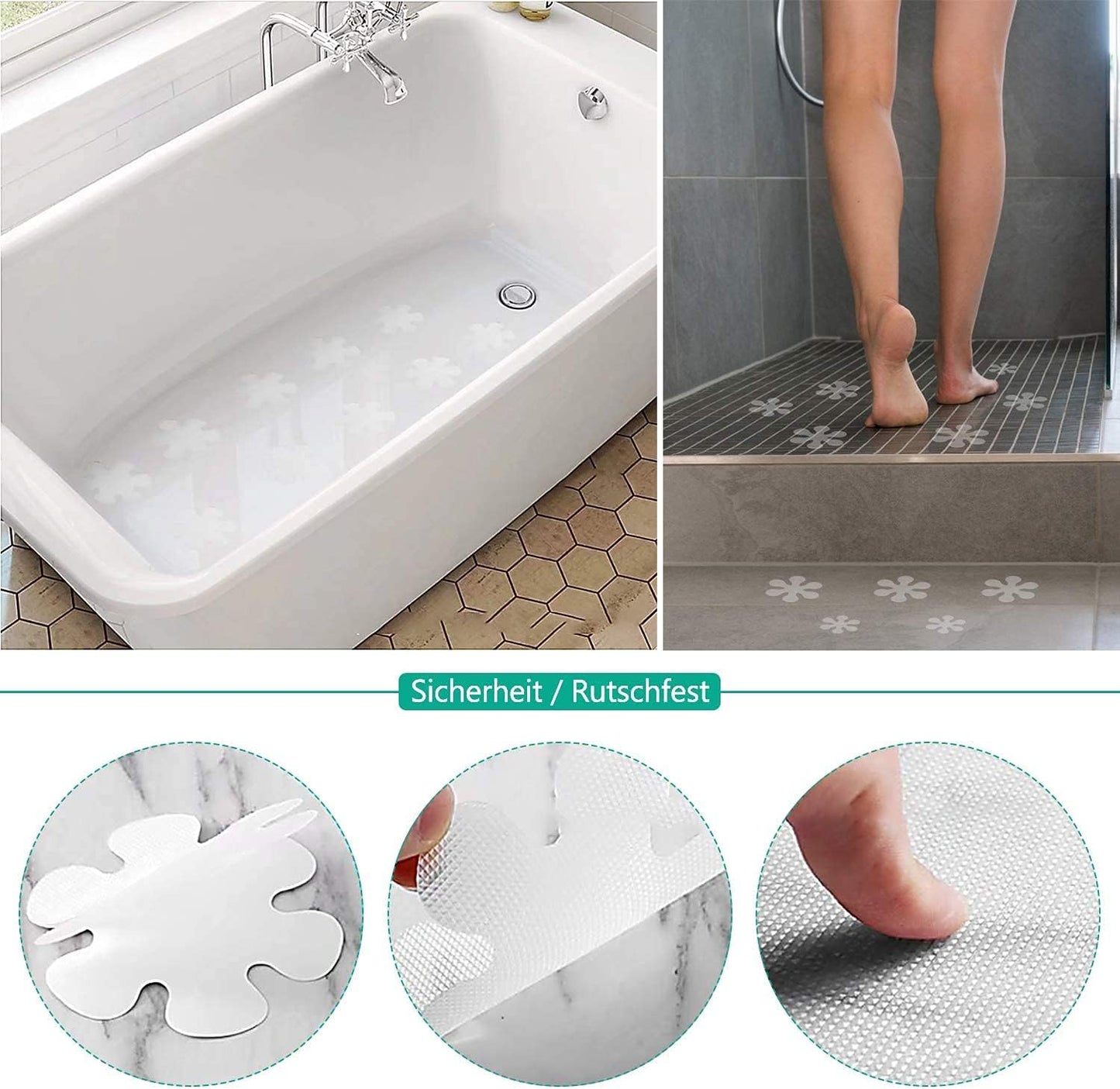 20 x Non-Slip Strips for Bathrooms, Non-Slip Stickers, Transparent Shower Tape for Bathrooms, Bathtubs, Stair Steps, Children's Pools - Flowers