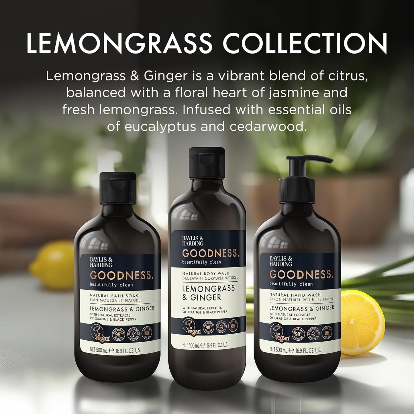 Baylis &amp; Harding Goodness Lemongrass &amp; Ginger Hand Wash, 500 ml (Pack of 3) - Vegan Friendly