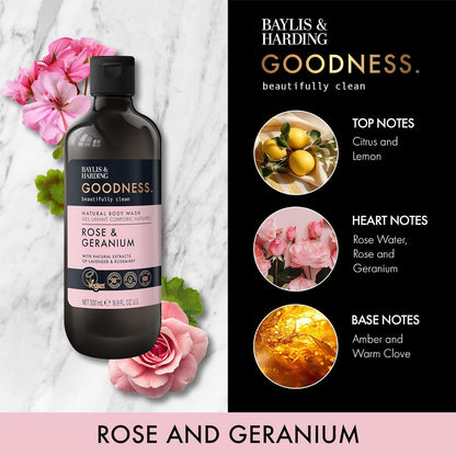 Baylis &amp; Harding Goodness Rose &amp; Geranium Natural Body Wash, 500 ml (Pack of 3) - Vegan Friendly
