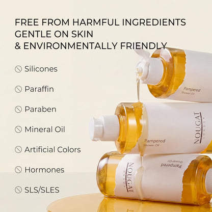 NOUGAT Pampered Shower Oil for Daily Bath Routine, Transforming Oil-to-Milk Body Cleanser for Makeup &amp; Sunscreen Removal, Hydrating Botanical Wash for Dry Skin Relaxation at Home, Exotic Scent, 372g