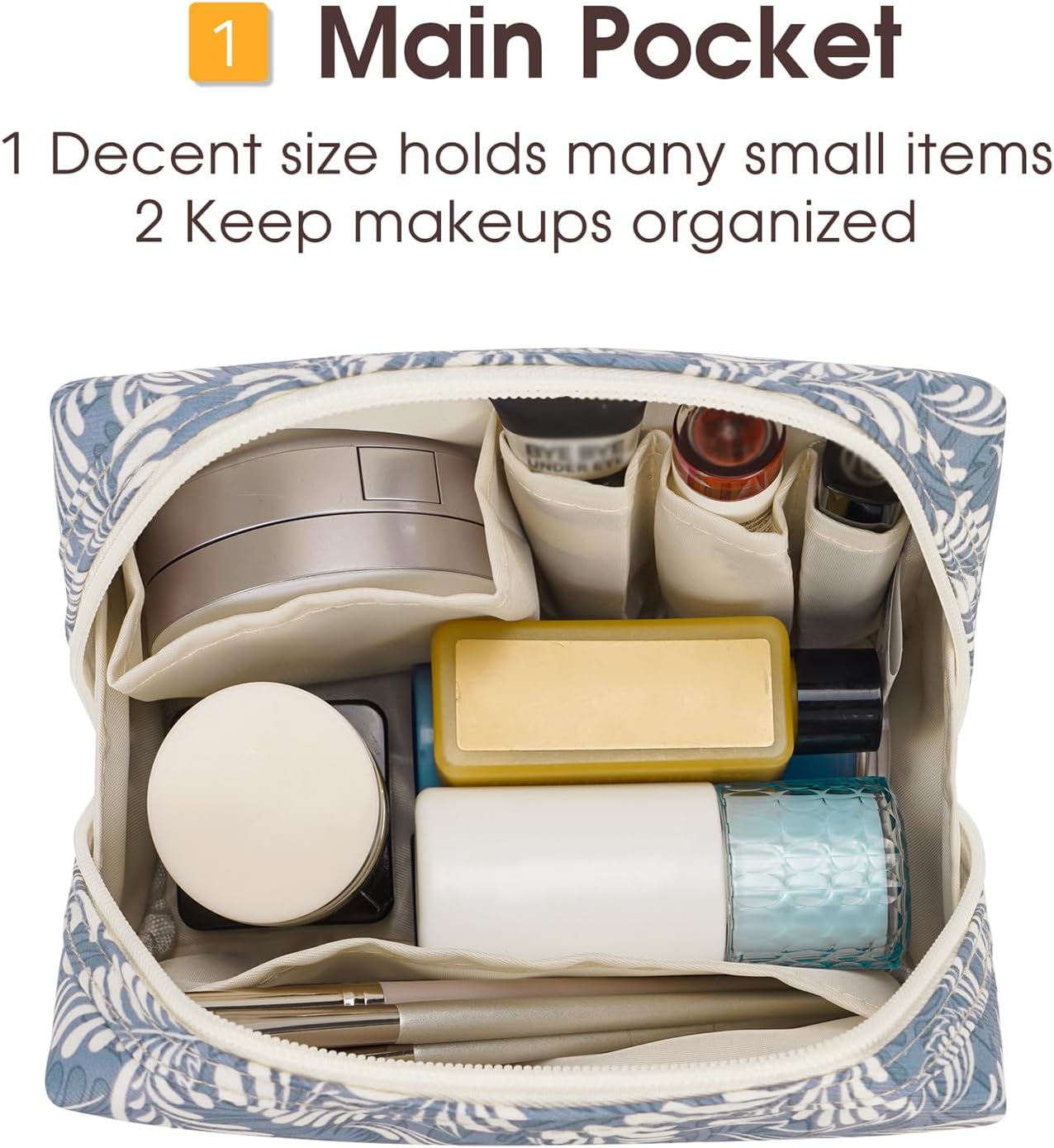 Small Makeup Bag for Handbag Cute Mini Cosmetic Bag PouchTravel Make up Bag for Purse (Blue Leaf, Small)