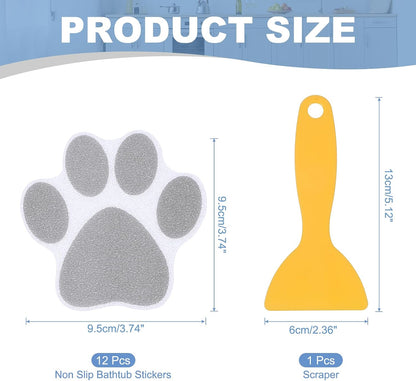 PATIKIL 12 Pcs Non Slip Bathtub Stickers, Anti Slip Shower Stickers with Scraper Bathroom Shower Floor Decals Paw Footprint Cute Treads Tubs, Gray