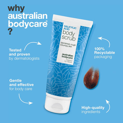 Salicylic Acid Body Exfoliator Scrub for Spots on Back, Bum and Chest – Removes Impurities and Unclogs Pores with Glycolic Acid and Apricot Seed – BHA &amp; AHA Peeling