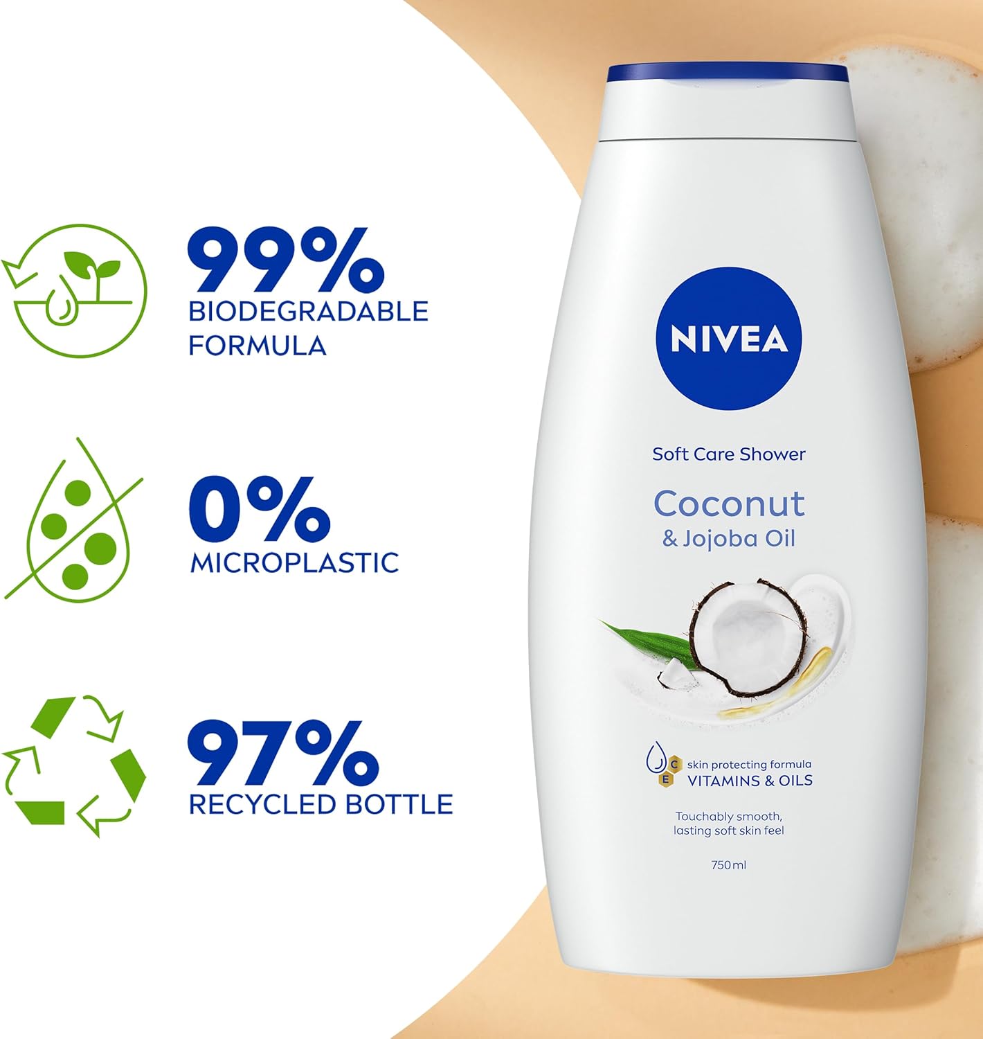 NIVEA Coconut &amp; Jojoba Oil Shower Cream (750ml), Moisturising Body Wash with Coconut and Jojoba Oil, Luxurious Shower Gel for Women, for Soft and Supple Skin