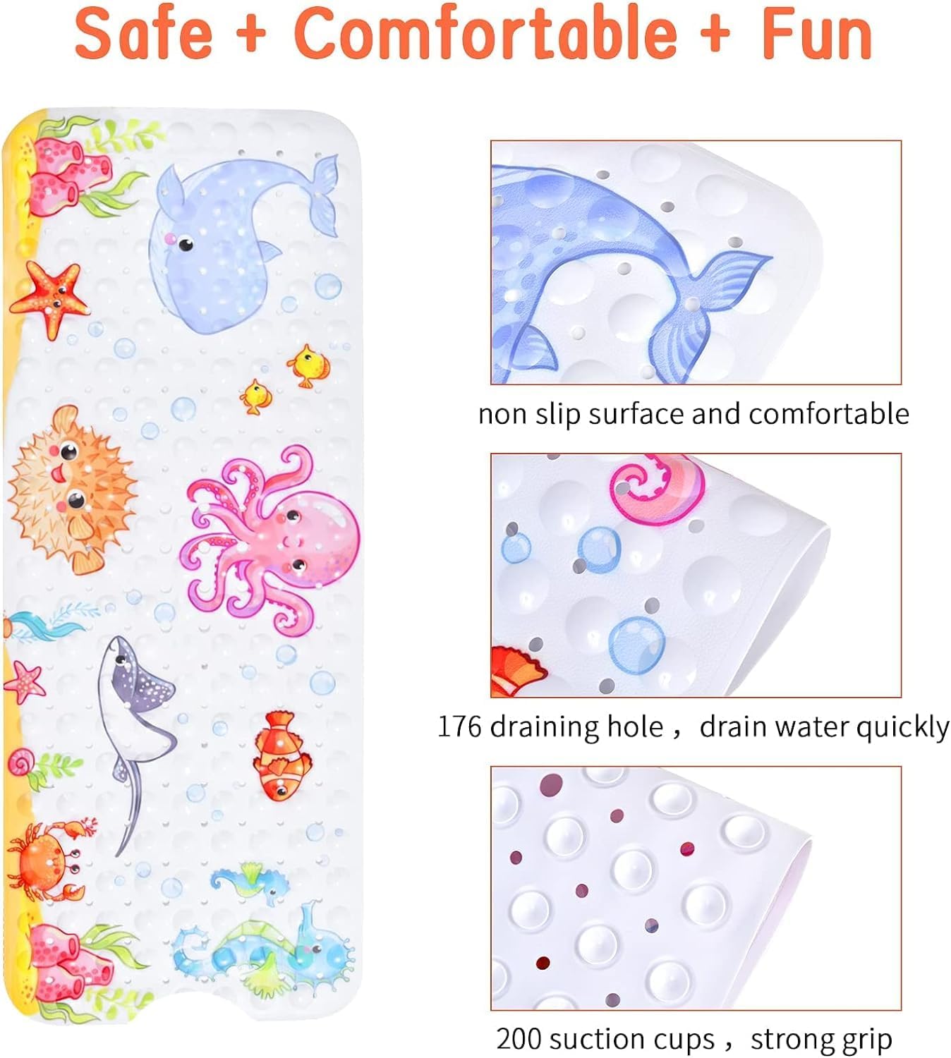 LATERN Bathtub Mat for Kid, 100CM x 40CM Extra Long Bath Tub Mat Anti Slip Shower Mat with Suction Cups and Drain Holes for Bathroom Wet Floor - Machine Washable (Octopus)