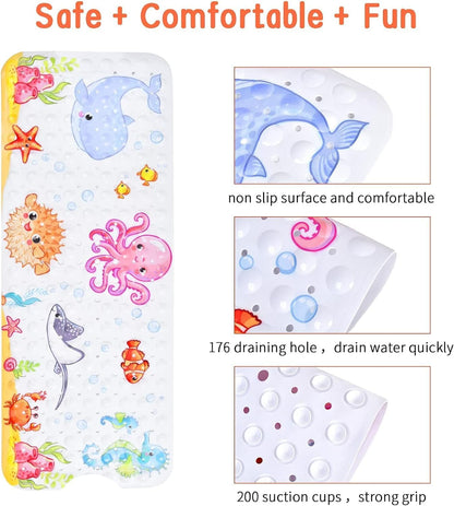 LATERN Bathtub Mat for Kid, 100CM x 40CM Extra Long Bath Tub Mat Anti Slip Shower Mat with Suction Cups and Drain Holes for Bathroom Wet Floor - Machine Washable (Octopus)